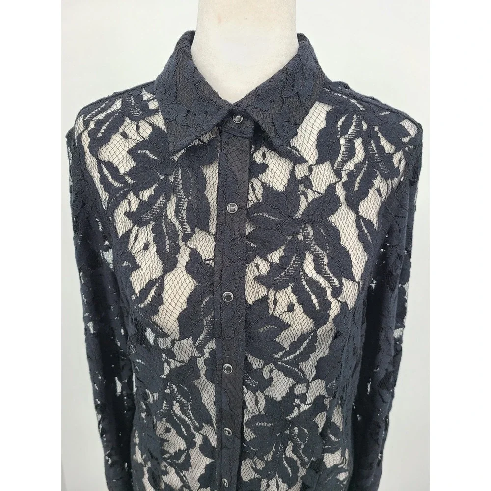 Whimsigoth Lace Ariat Women Top L Button Up Mesh Layering Floral Collar Layering